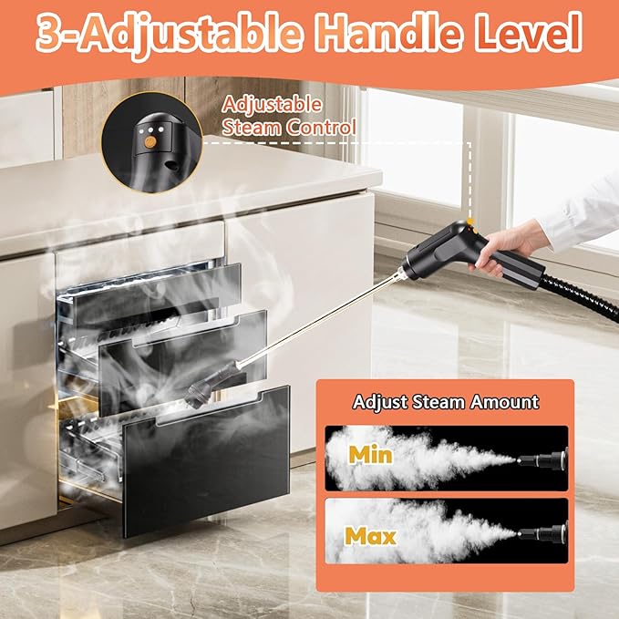 Handheld Steam Cleaner, 10s Fast Heating Steamer for Cleaning, 1.6L Water Tank, 3 Levels Adjustable Handle, 11-in-1 Steam Cleaner for Home, Kitchen, Dirt, Grease, Grout, Tile, Floor, Couch and Car