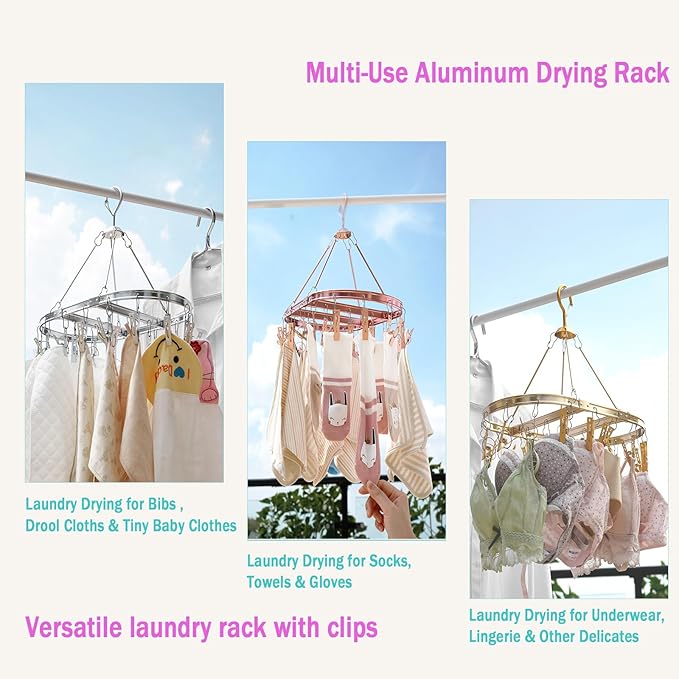 Aluminum Sock Drying Rack with 26 Non-Slip Clips, and Wind-Resistant Hook, Laundry Drying for Socks, Baby Clothes, Underwear, and Delicates. Oval & One-Piece Design, (Silver)