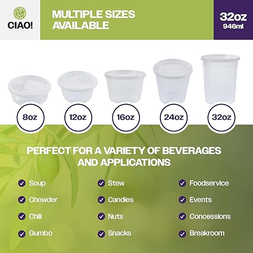 CIAO! 32OZ PP Injection Molded Soup-Deli Container with LLDPE Lid, Microwavable and BPA Free (240/240 combo pack)