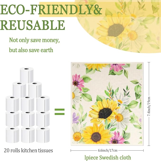 6 - Pack Swedish Kitchen Dish Cloths - Reusable Paper Towels for Counters & Dishes - Eco Friendly Cellulose Sponge Cloth - Assorted (Sunflower)