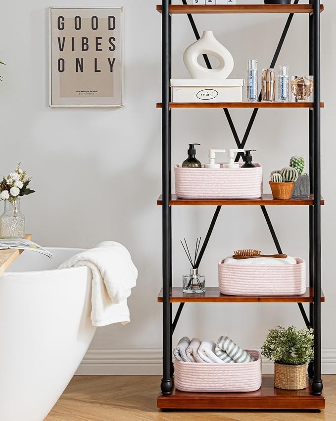 Small Woven Basket, 12 x 8 x 4.5 Inches, Storage Basket for Organizing, Cute Small Rope Shelf Closet Cube Storage Bins Baskets for Shelves, Dog Toy Gift Baskets Empty, 3 Pack Light Pink