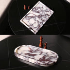 Real Luxurious Natural Marble Vanity Tray Genuine Marble Storage Tray for Home Decor Stone Tray for Bathroom/Kitchen/Vanity/Dresser Non-Resin/Non-Ceramic/Viola Oval Set