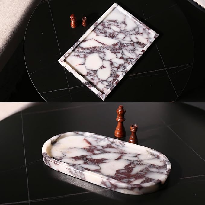 Real Luxurious Natural Marble Vanity Tray Genuine Marble Storage Tray for Home Decor Stone Tray for Bathroom/Kitchen/Vanity/Dresser Non-Resin/Non-Ceramic/Viola Oval Set