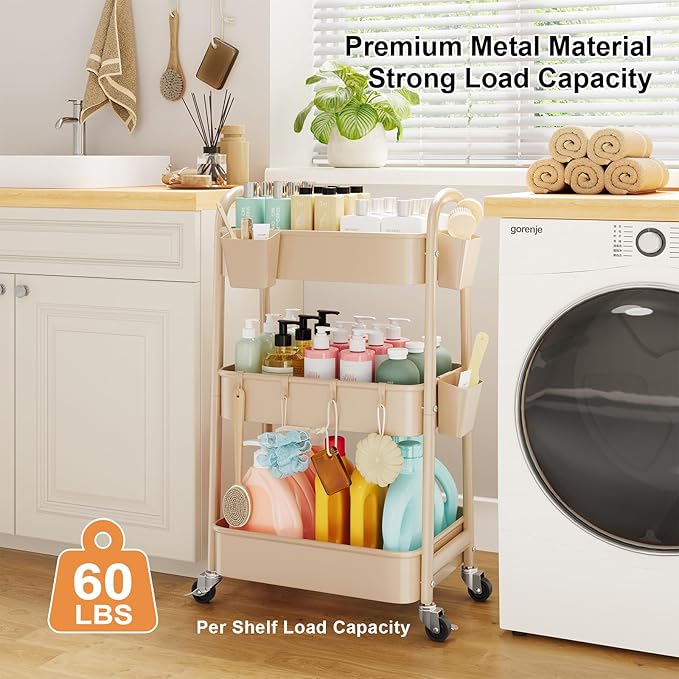 Khaki 3 Tier Rolling Cart Metal on Wheels, Three Tiered Storage Organizer Utility Trolley with Wheels for Art, Craft, Baby Diaper Caddy, Snack, Book, Nail, Lash, Cleaning Supplies, Kitchen, Bathroom