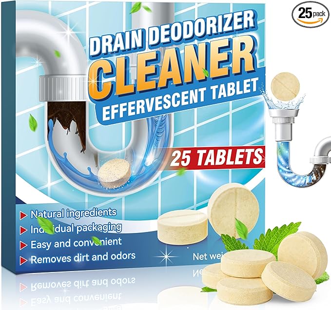 Garbage Disposal Cleaner and Deodorizer Tablets, 25 Pack Sink Cleaner Tablet, Powerful Foam Drain Cleaner, Effectively Removes Residue, Grime and Odors for Kitchen, Bathroom, Toilet, 1 Year Supply