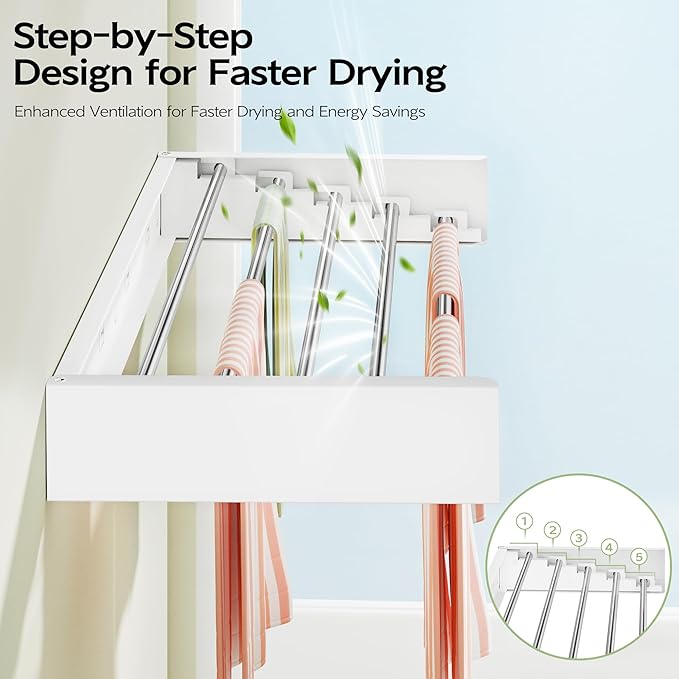 Wall Mounted Clothes Drying Rack 32", Foldable Wall Mount Laundry Rack Folding Indoor, Drying Rack Clothing Collapsible, Hidden Space Saver with Wall Template, 5 Rods, White