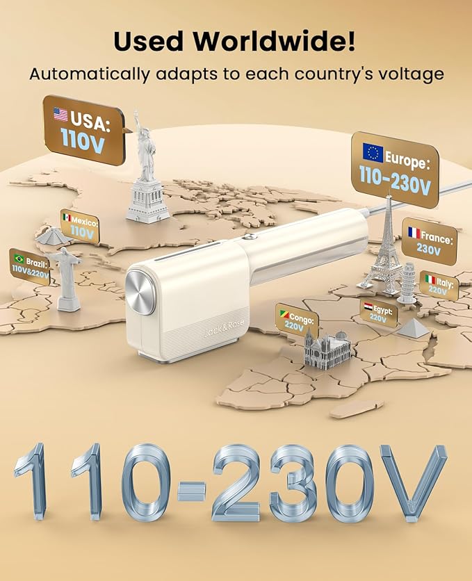 Jack ＆ Rose Travel Steamer For Clothes,110-230V,0.9Ib Light,9 * 2.6in Small Mini Travel Size,Steamer Iron 2 in 1,15s Heat-Up,Ceramic Heat Panel,For Global ＆ Europe Traveling