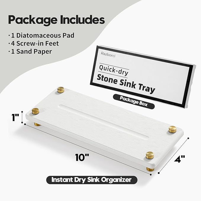 Water Absorbing Stone Sink Caddy Kitchen Sink Organizer Tray, Diatomite Bathroom Counter Tray, Gold Faucet Drying Mat Coaster Soap Dish Rack Riser Dispenser Sponge Holder, White 10" x 4"