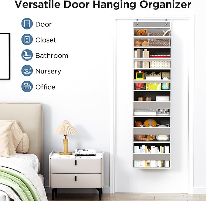 Over The Door Organizer, 6 Shelf Door Organizer Hanging with 6 Large Capacity Pockets, Over The Door Storage Hanging Shelves for Closet Wall Bathroom Closet Bedroom Nursery