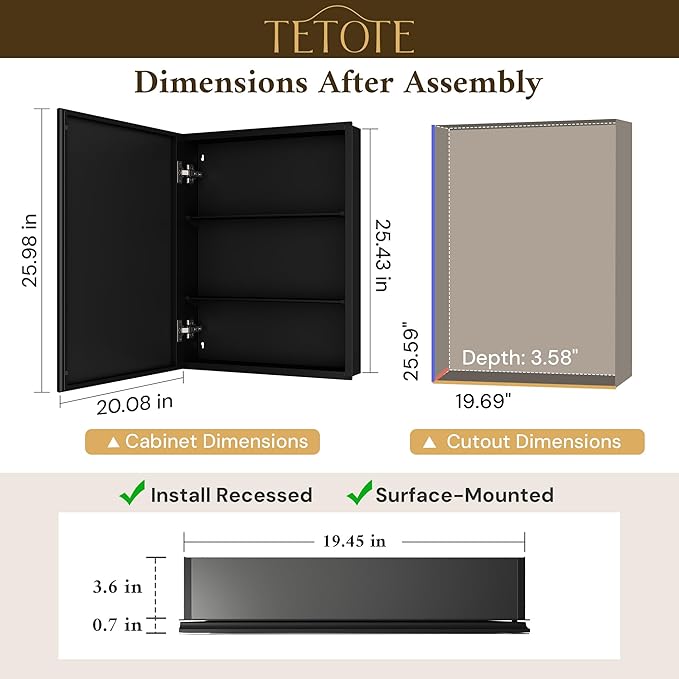 TETOTE 20 x 26 Bathroom Vanity Mirror Cabinet with Tempered Beveled Mirror Black Medicine Cabinet Aluminum Cabinet DTC Hinges, Stepless Adjustable Shelves, Recessed/Surface-Mounted