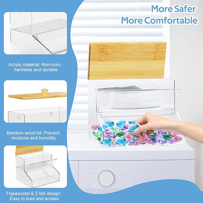 JYPS Laundry Pods Container&Dryer Sheet Holder 2in1.Transparent Acrylic Double-Layer Storage Box With Bamboo Lid. The Large Capacity Design Makes It Easy To Store And Organize Your Belongings Neatly