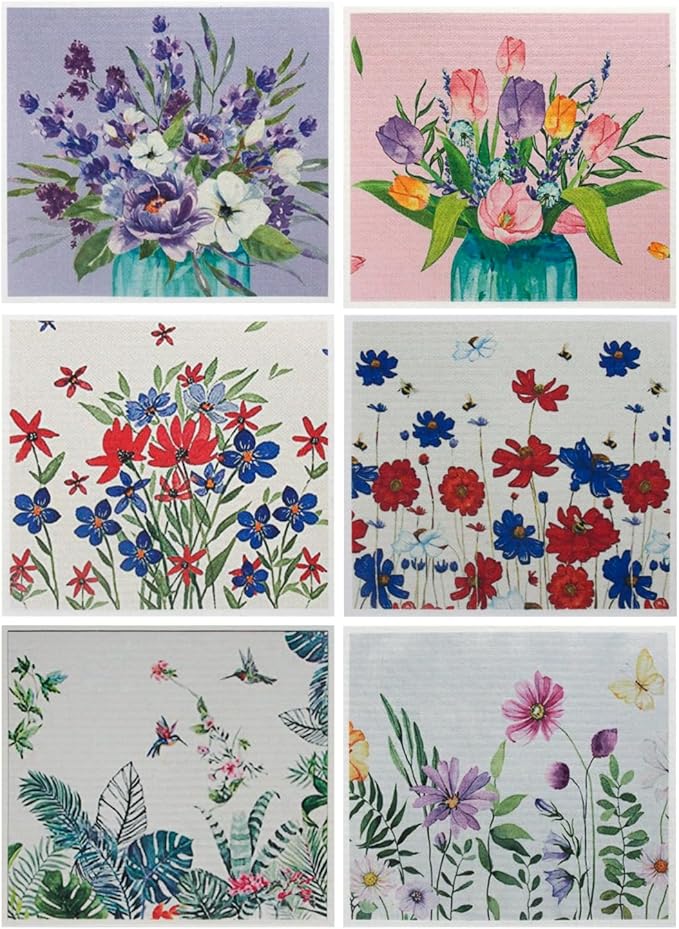 Swedish Kitchen Dish Cloths - 6 Pack Reusable Paper Towels for Counters & Dishes - Eco Friendly Cellulose Sponge Cloth - Assorted (Flower)