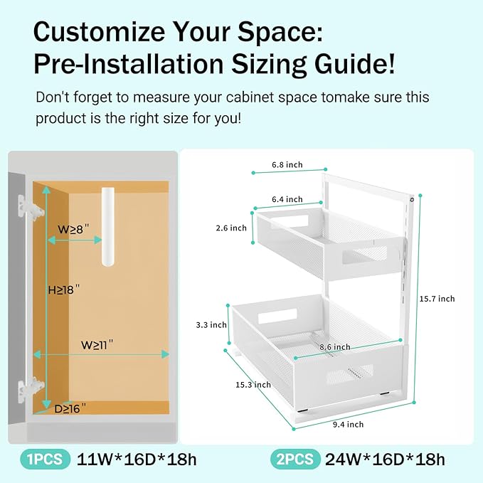 Under Sink Organizer Adjustable Height 2 Tier Bathroom Organizer Pull Out Cabinet Organer kitchen organizers and storage fridge organizers and storage,White,XL-1 Pack