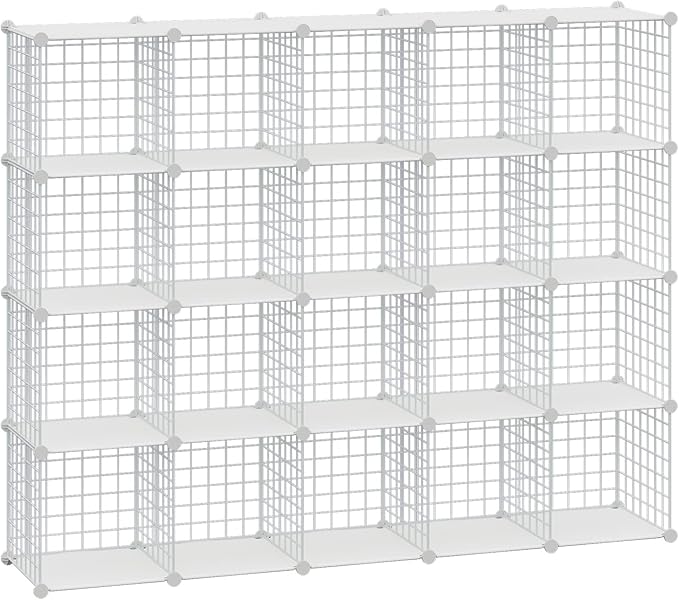 HUBSON Wire Cube Storage Organizer, Book/Toy/Craft/Potted Plants and petCloset Organizers and Storage Shelves, 20-Cube Freely Combinable Metal Grids Storage Shelf,White Plus Iron