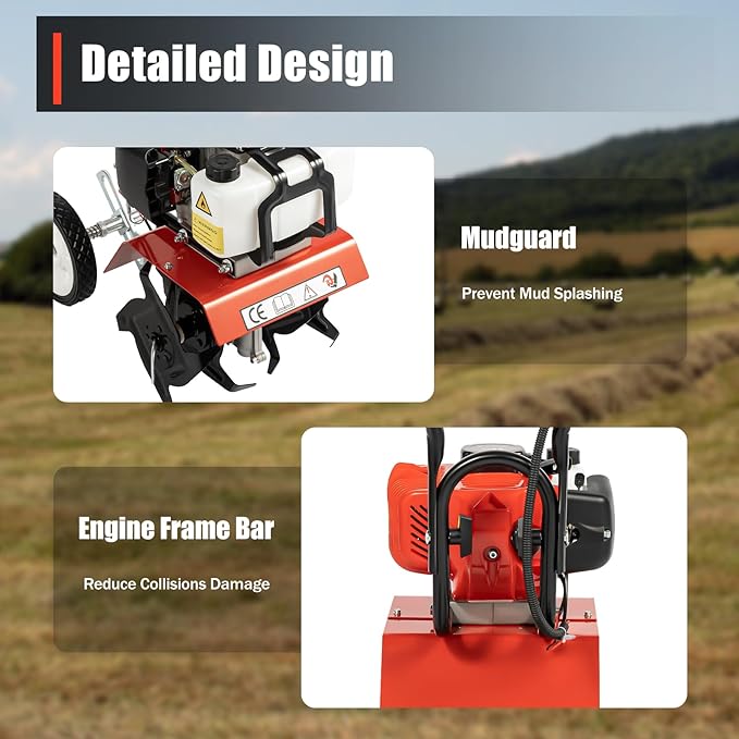 Gas Powered Tiller Cultivator Rototiller, 2-Stroke 52CC 2HP 1900W Soil Cultivator Soil Tilling Machine, 6500-7000RPM Air-Cooled Gasoline Garden Farm Tiller, for Plowing/Tilling/Furrowing