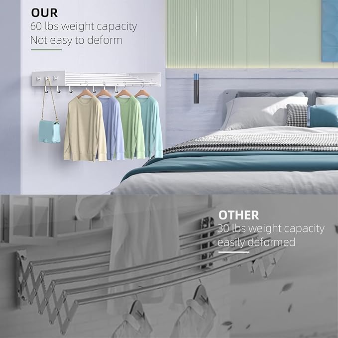 Drying Rack Clothing,Clothes Drying Rack Wall Mounted,Laundry Drying Rack Wall Mount,Foldable,Collapsible,60 lb Capacity 5 Aluminium Poles with 12 Hooks,Space Saving Clothes Drying Rack,White 40"