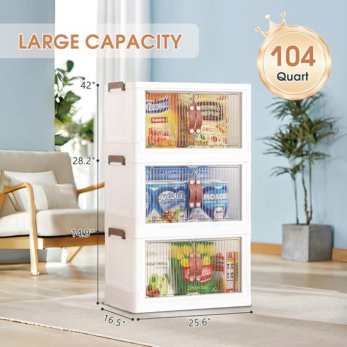 3 Tier Storage Bins with Lids, 104QT Collapsible Plastic Storage Bins, Folding Storage Boxes with Doors, Stackable Storage Organizer for Home, Office and Dorm