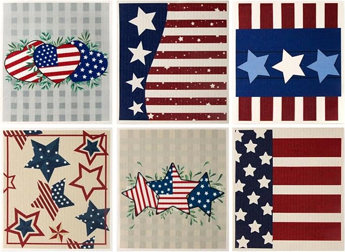 6 Packs Swedish Kitchen Dish Cloths - Reusable Paper Towels for Counters & Dishes - Eco-Friendly Cellulose Sponge Cloth - Assorted (Flag)