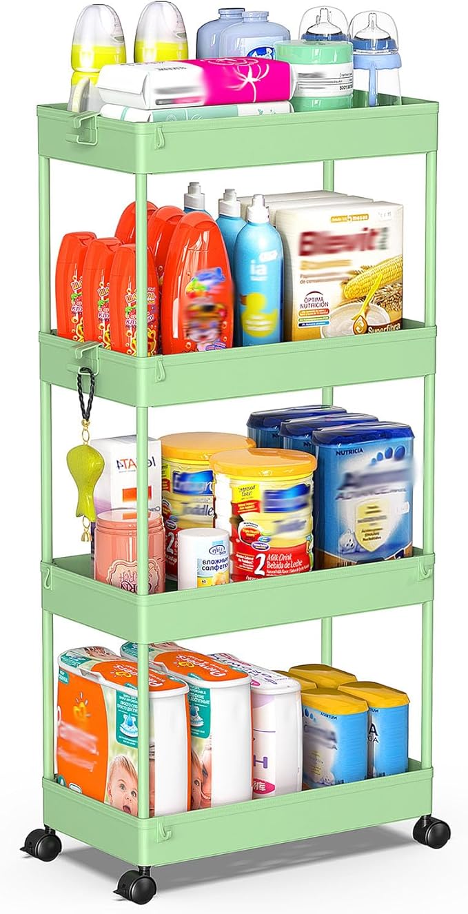 SPACEKEEPER Storage Cart 4-Tier, Bathroom Rolling Cart Utility Storage Organizer Shelf Mobile Shelving Unit for Kitchen Living Room Bathroom Laundry Room & Dressers, Green