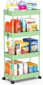 SPACEKEEPER Storage Cart 4-Tier, Bathroom Rolling Cart Utility Storage Organizer Shelf Mobile Shelving Unit for Kitchen Living Room Bathroom Laundry Room & Dressers, Green