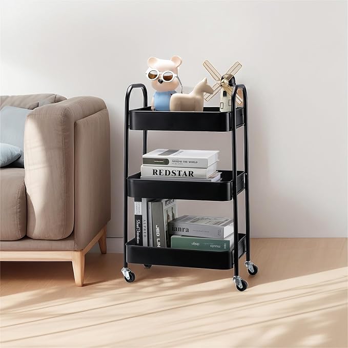 SETTFRFE 3 Tier Rolling Cart Metal,File and Art Cart with Wheels,Storage Shelf Organizer Cart for Bathroom,Office,Kitchen,Black
