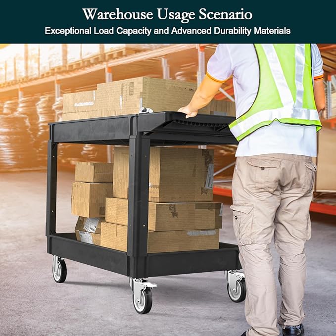 Heavy Duty Cart Utility Cart, Heavy Duty Rolling Service with Wheels, 500lbs Load Capacity, Durable Plastic & Deep Shelves for Warehouse, Garage, Cleaning - Swivel Wheels Easy Maneuverability