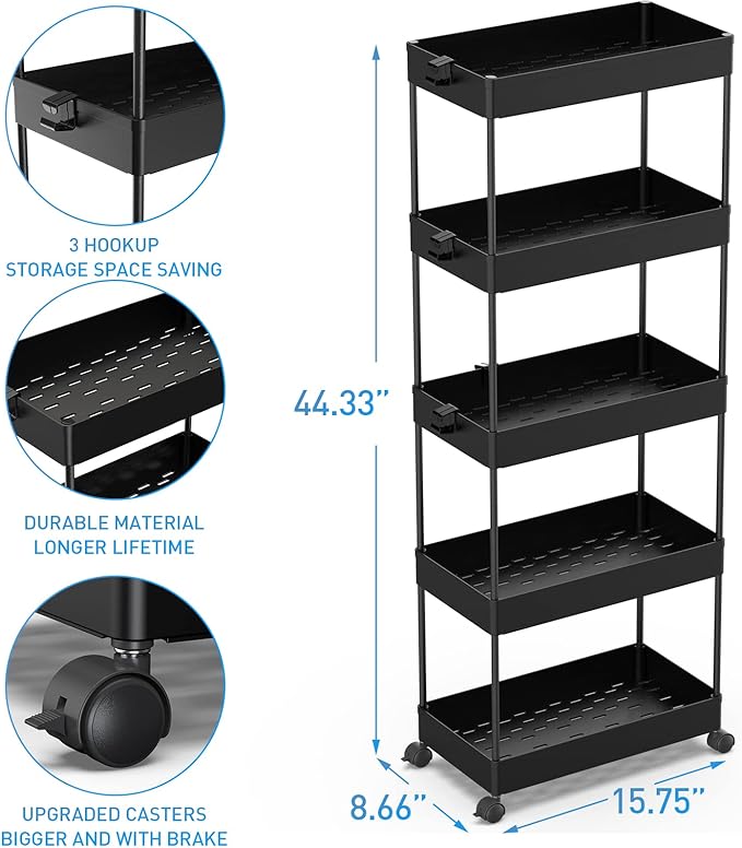 SPACEKEEPER 5-Tier Rolling Cart, Bathroom Storage Organizer Utility Cart, Mobile Shelving Unit Slide Out Shelves for Kitchen Living Room Laundry Room & Dressers, Black