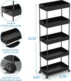 SPACEKEEPER 5-Tier Rolling Cart, Bathroom Storage Organizer Utility Cart, Mobile Shelving Unit Slide Out Shelves for Kitchen Living Room Laundry Room & Dressers, Black