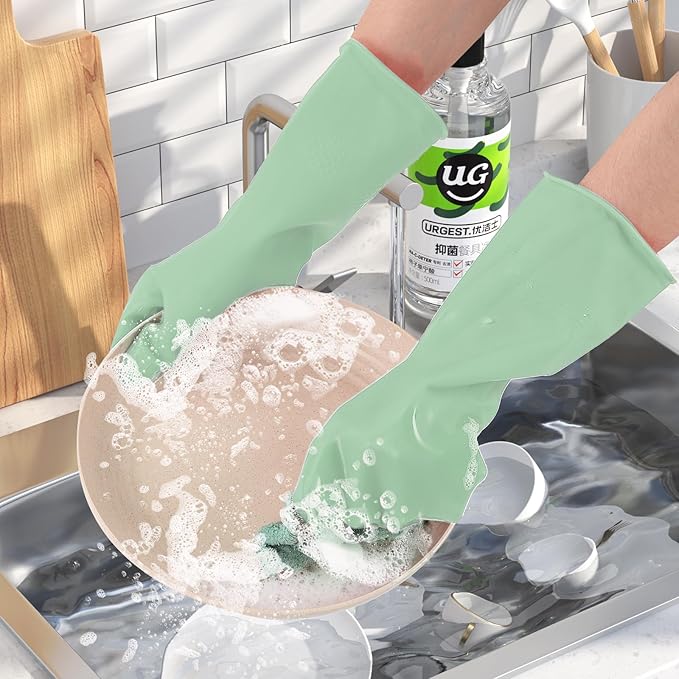 Rubber Kitchen Dishwashing Gloves - 3 Pairs Colorful Reusable Household Cleaning Gloves For Washing Dishes And Cleaning Tasks，Flexible And Durable Waterproof (Large, Dark Green+Green+Gray)
