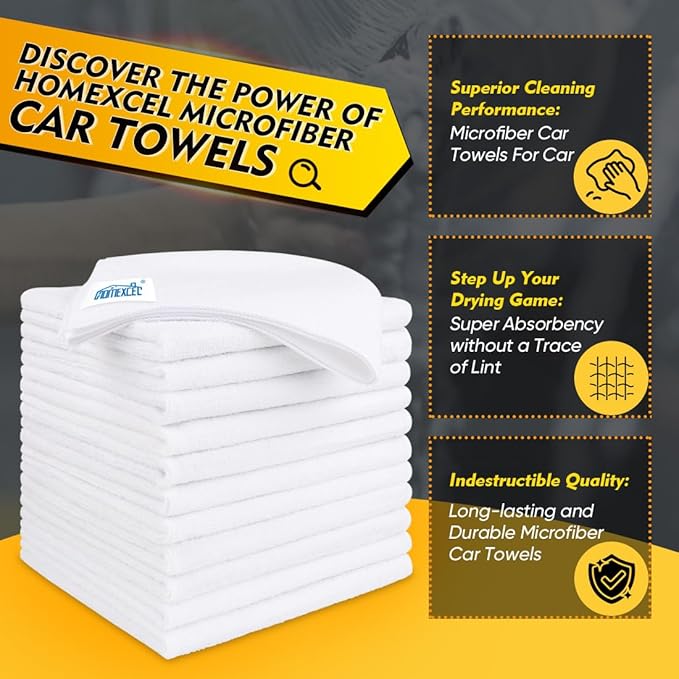 HOMEXCEL White Microfiber Cleaning Cloth 12 Pack, 12.5 x 12.5 inch Microfiber Towels for Cars, Ultra Absorbent Car Washing Cloth, Lint Free Streak Free Cleaning Rags for Car, Kitchen, and Window