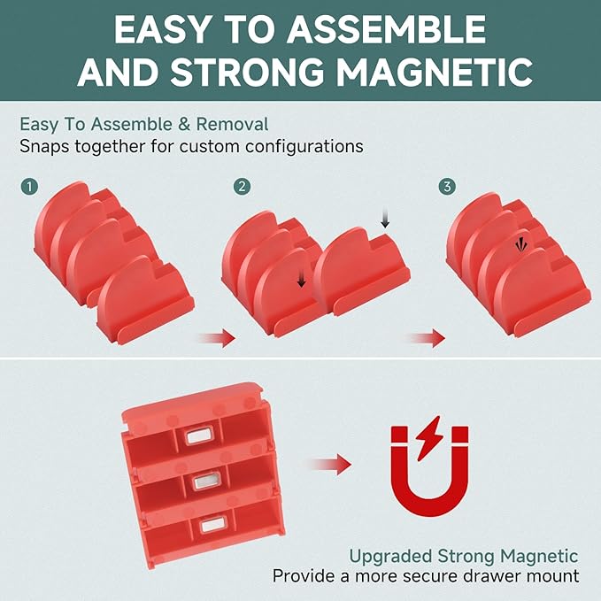 48PCS Magnetic Modular Wrench Organizer,Wrench Holders Organizers with Metric & SAE Label for Tool Drawer Storage -Red with Magnets