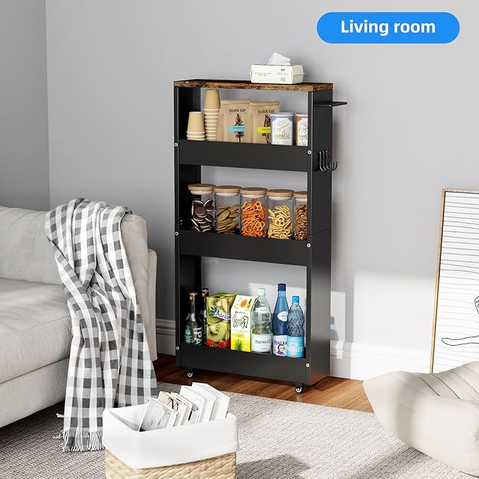 Slim Storage Cart 4 Tier with Handle,Metal Basket Bathroom Organizer Rolling cart with Wheels, Rolling Utility Cart Slide Out Organizer for Kitchen, Bathroom, Laundry