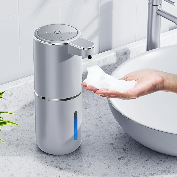 Automatic Foaming Soap Dispenser, 12.8oz/380ml Wall Mount Touchless Soap Dispenser with Sensor, 4-Level Adjustable, IPX5 Waterproof, USB Rechargeable for Bathroom, Kitchen