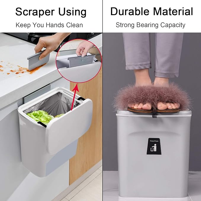 Tiyafuro 2.4 Gallon Kitchen Compost Bin for Counter Top or Under Sink, Hanging Small Trash Can with Lid for Cupboard/Bathroom/Bedroom/Office/Camping, Mountable Indoor Compost Bucket, Gray