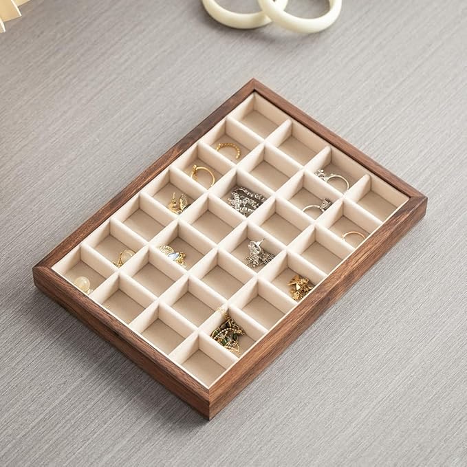 28-Grid Black Walnut Wooden Jewelry Tray with Velvet Lining, Premium Jewelry Display Tray for Earrings and Rings, Drawer Organizer Display Tray for Women's Jewelry Collection