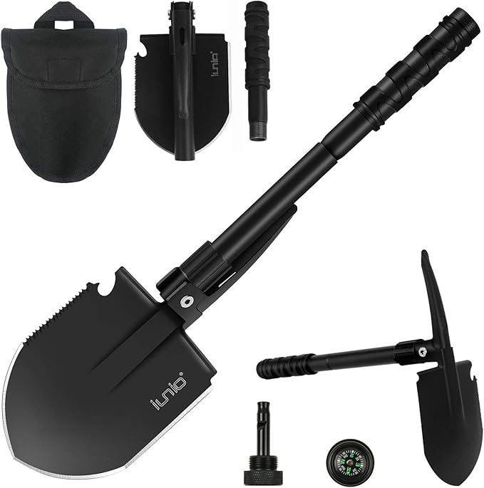 iunio Camping Shovel,Shovel Folding, Portable, Multitool, Foldable Entrenching Tool, Collapsible Spade, for Backpacking, Trenching, Hiking, Survival, Car Emergency