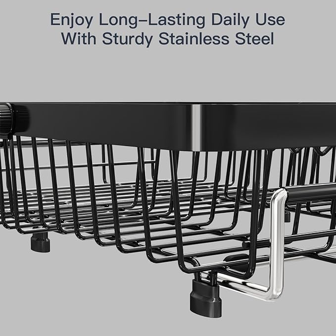 MAJALiS Expandable Stainless Steel Over The Sink Dish Drying Rack for Small Kitchen Counter Space Saving, Compact RV Plate Drainer Strainer in Black Wire Metal with Hanging Adjustable Utensil Holder