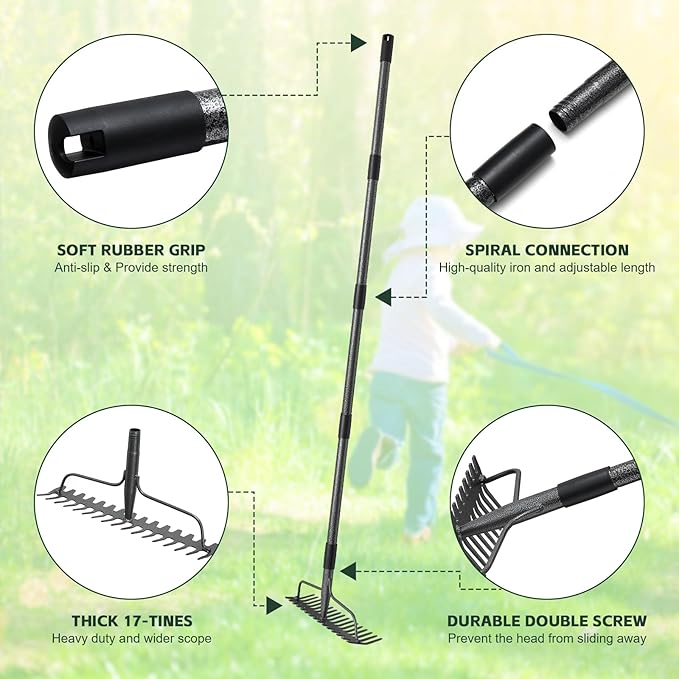 48'' Heavy Duty Garden Rake with Stainless Steel Handle, Metal Head for Loosening Soil, Gathering Leaves, Leveling Lawns