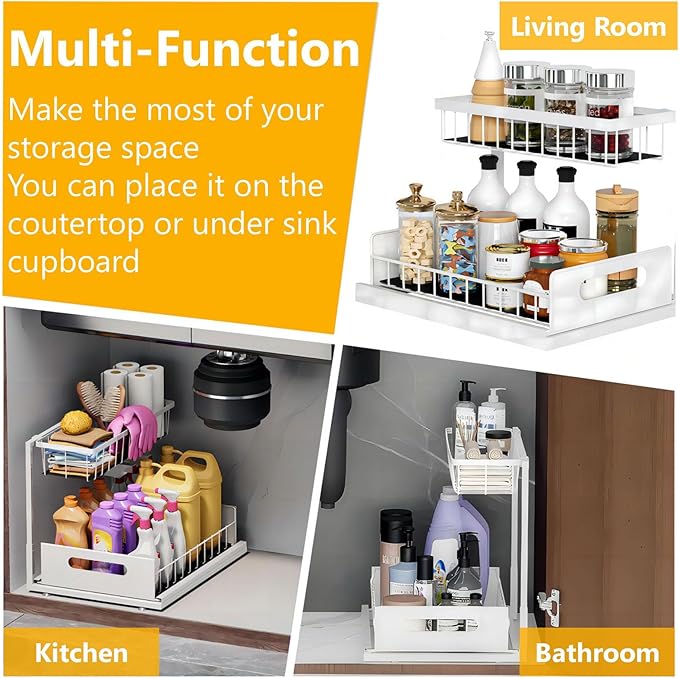 Under Sink Organizers and Storage 2 Tier Slide Out Kitchen Cabinet Organizer Sturdy Metal Bathroom Storage (White, 2 Pack)