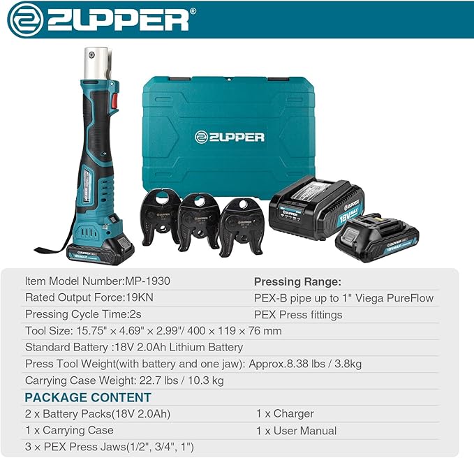 Mini Press Tool kit with 3 Jaws Suitable for PureFlow press fittings 1/2", 3/4", 1", Brushless Motor, 2pcs Battery, Fast Charger & Carrying Case