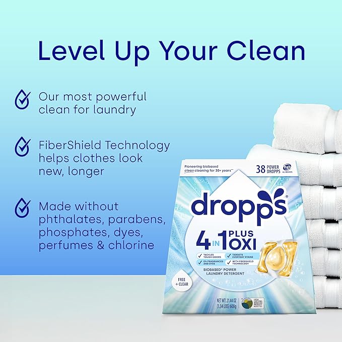Dropps 4-in-1 Plus Oxi Free & Clear Power Biobased Laundry Detergent Pods, Unscented (76 Pods) - Chlorine-Free Bleach Alternative Biobased Laundry Whitener, Stain & Odor Remover
