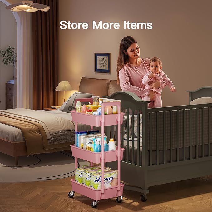 Pipishell 3 Tier Rolling Cart Organizer, Plastic Rolling Cart with Lockable Wheels & Reinforced Handle, Lightweight Utility Cart Storage Cart for Nursery, Kitchen, Bathroom, Craft Room, Pink, PIUC14P