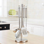 Stainless Steel Kitchen Utensil Holder, 360 Degree Rotating Utensil Rack with 5 Hooks, Kitchenware Storage Rack, Countertop Spatula Spoon Soup Ladle Holder