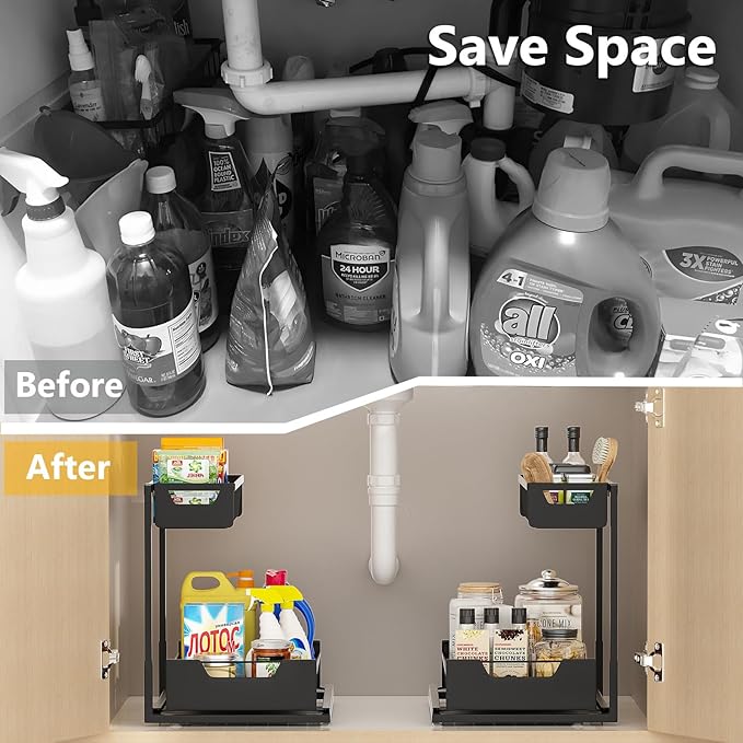 Under Kitchen Sink Organizers and Storage Pull Out 2 Tier Metal Bathroom Cabinet Organizer (Black, 1 Pack)