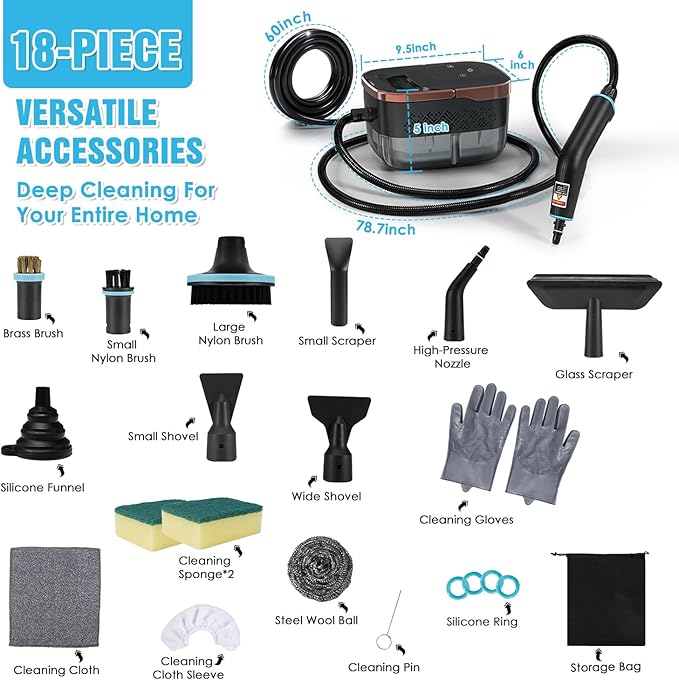 Steam Cleaner, 4 Bar High Pressure Steamer with 6-Level Adjustable, 15s Heat-Up, 42.7oz Large Tank, 7ft Extended Hose, 18 pcs Accessories, Portable Steam Cleaner for Home, Car, Tile, Grout, Grease