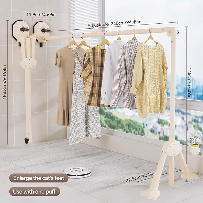 Clothes Drying Rack for RV Foldable Portable Suction Cup Laundry Drying Rack 95in*57in Expandable Clothing Dryer Wall Mounted Retractable Indoor Outdoor Use No Assembly 180° Free Rotation for Laundry