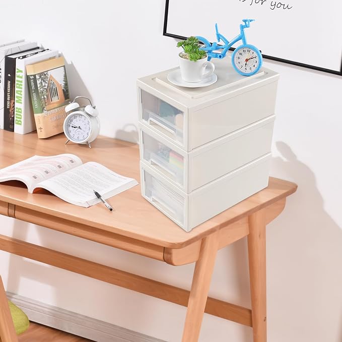 Oymlclivisa 3 Packs Plastic Storage Drawer, Small Stackable Desktop Drawers Unit