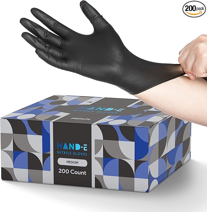 Hand-E Touch Black Nitrile Disposable Latex Free & Powder Free Gloves - 200 Count, Medium - BBQ, Tattoo, Hair Dye, Cooking & Mechanic Gloves