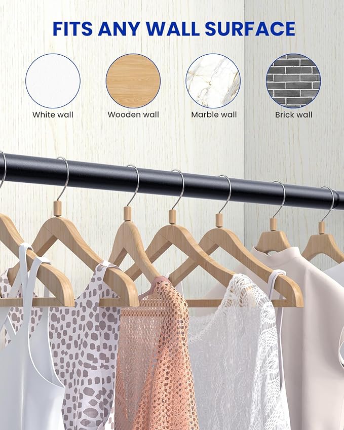 Supforce Closet Rods for Hanging Clothes, 17 to 129 Inches Stepless Adjustable Metal Closet Rod, 1.3 Inches Heavy Duty Clothes Hanging Rod for Closet Wardrobes Laundry RV, Black