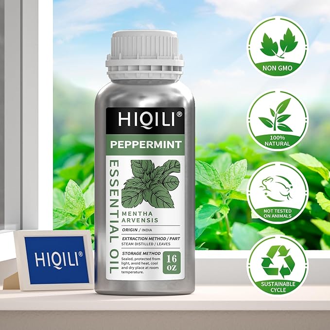 HIQILI Peppermint Essential Oil 16 oz 100% Pure Natural Aromatic Oil for Freshening Air, Hair Care, DIY Soap, SPA & Home Use
